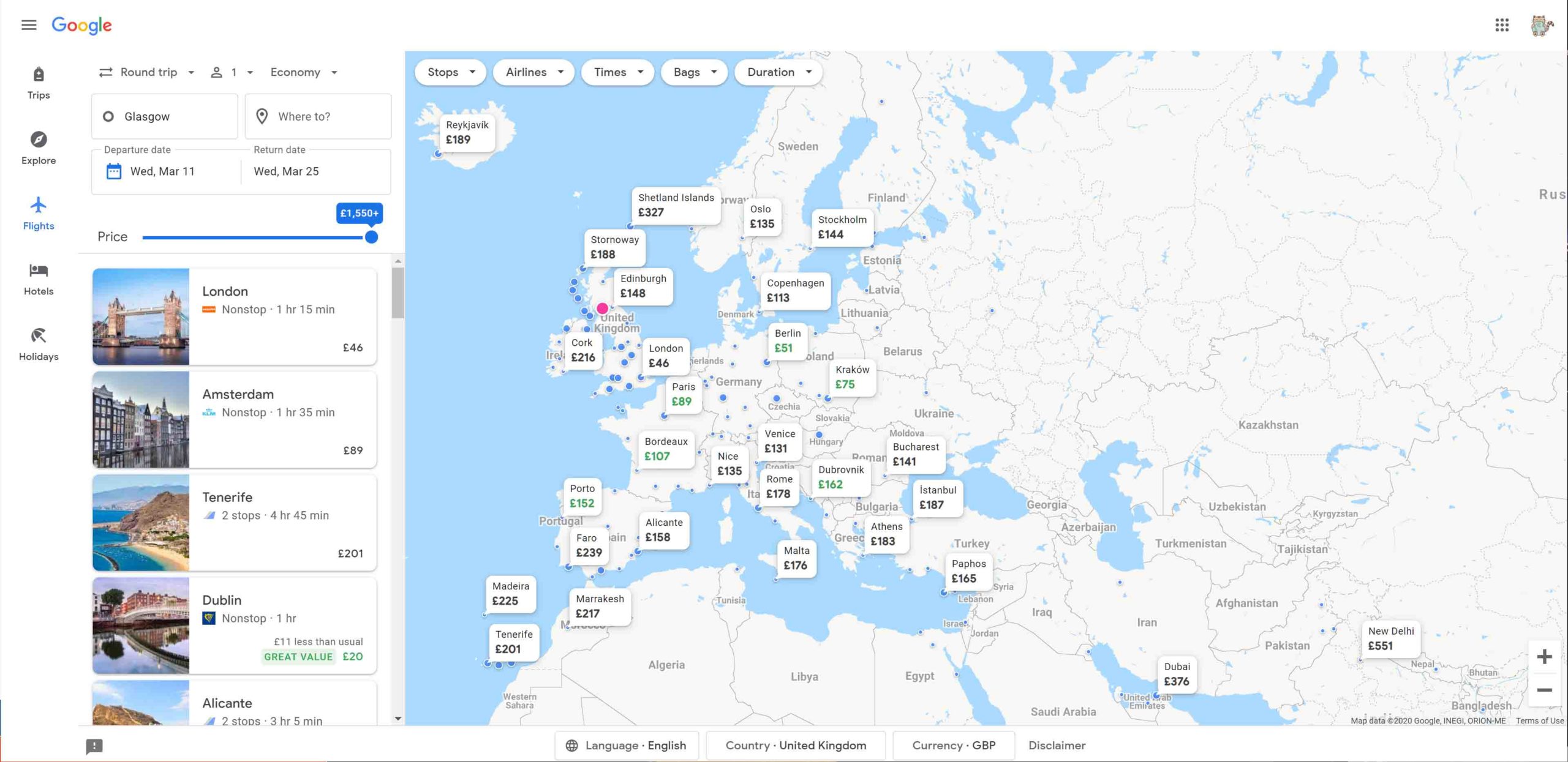 Google Maps showing prices and routes